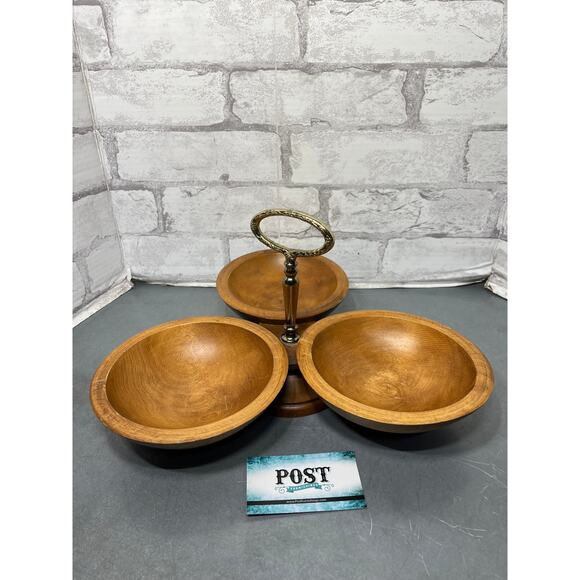 Mid Century Teak 3 Bowl Lazy Susan - Picture 1 of 4